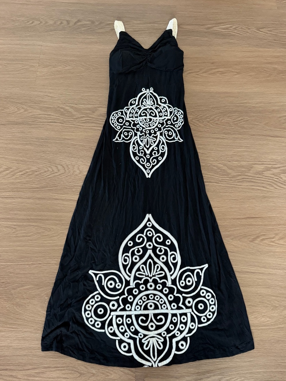 Black Maxi Dress with White Embroidered Motifs and Cream Straps